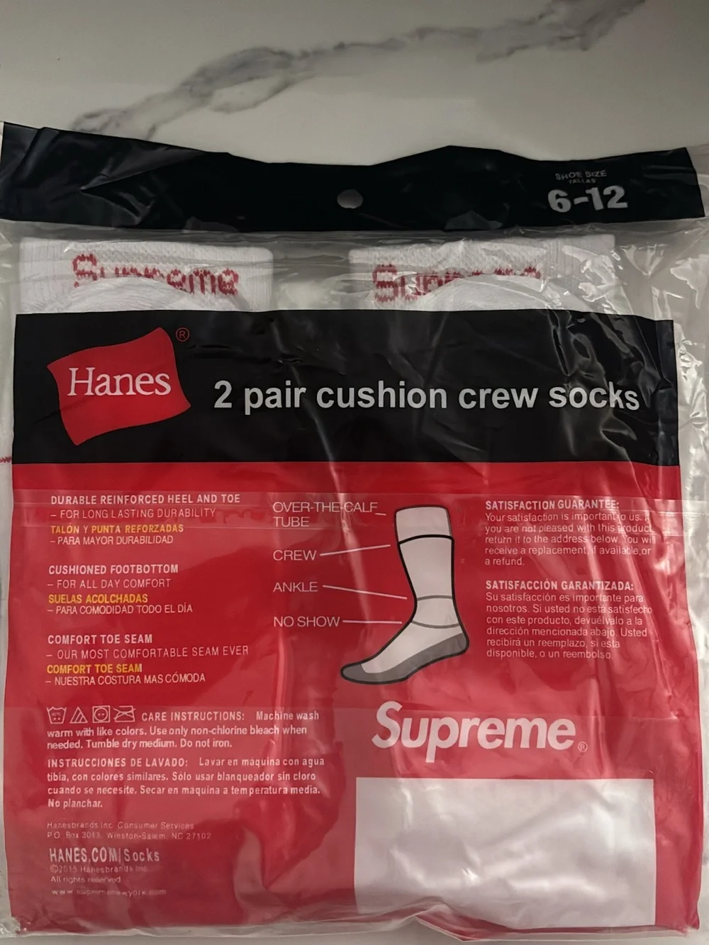 Hanes White Crew Socks with Red Branding - 2 Pair